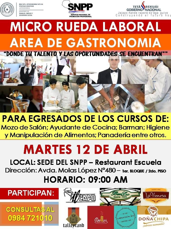 Ministerio de Trabajo y el SNPP ofrecen puestos laborales en gastronomía