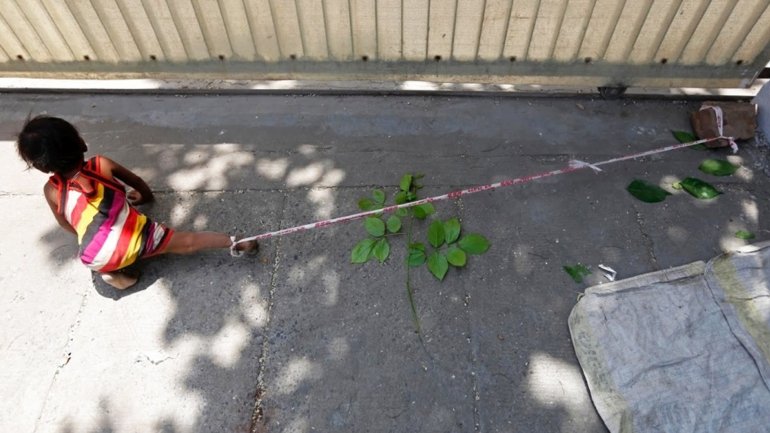 Padres atan a su bebé a una piedra mientras van a trabajar