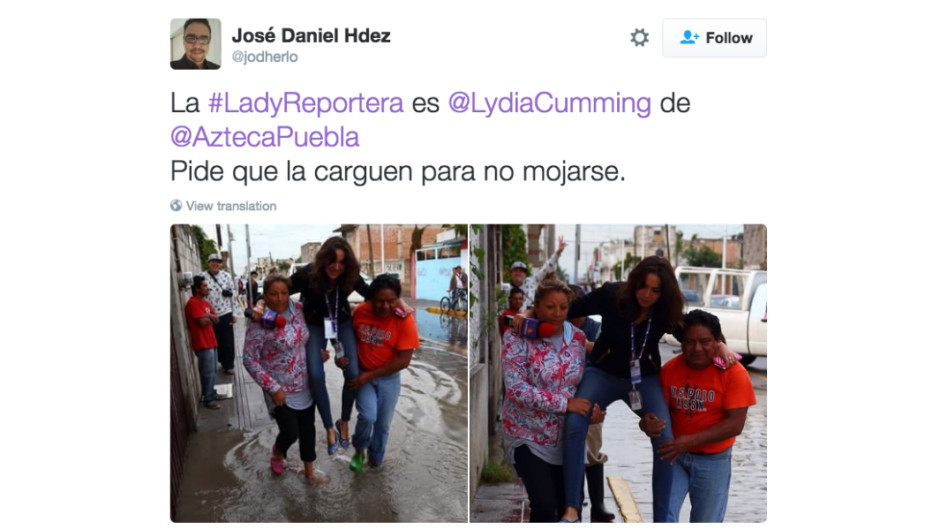 Despiden a #LadyReportera que causó indignación en las redes al ser cargada para no mojarse