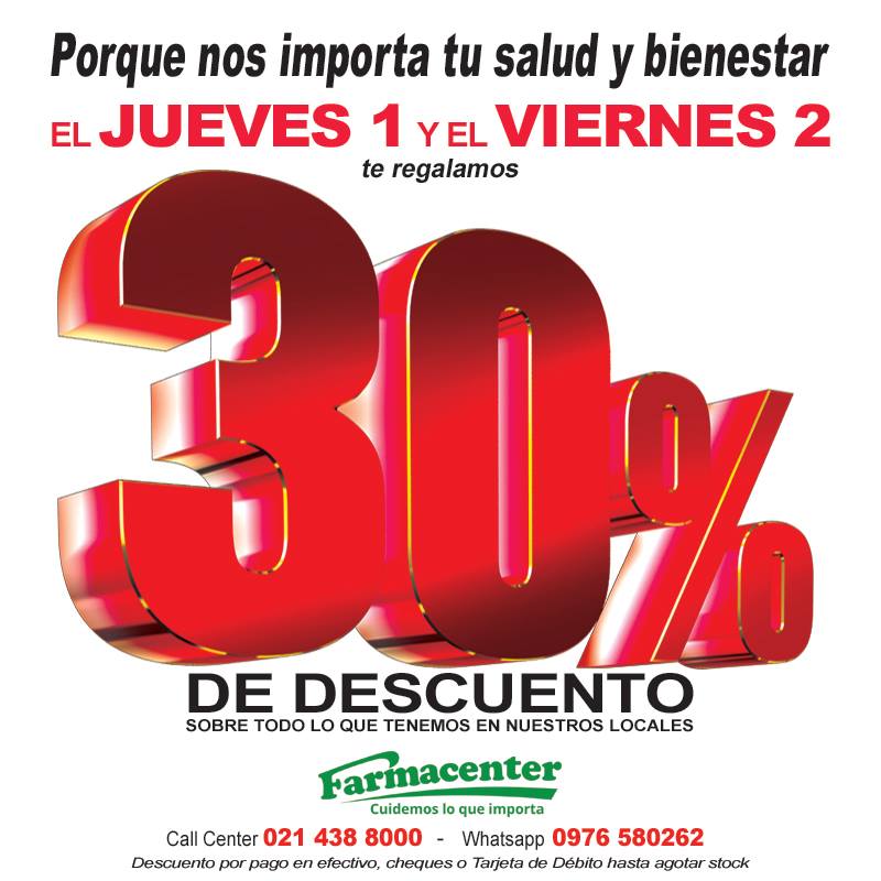 Farmacenter con 30% de descuento el 1 y 2 de setiembre