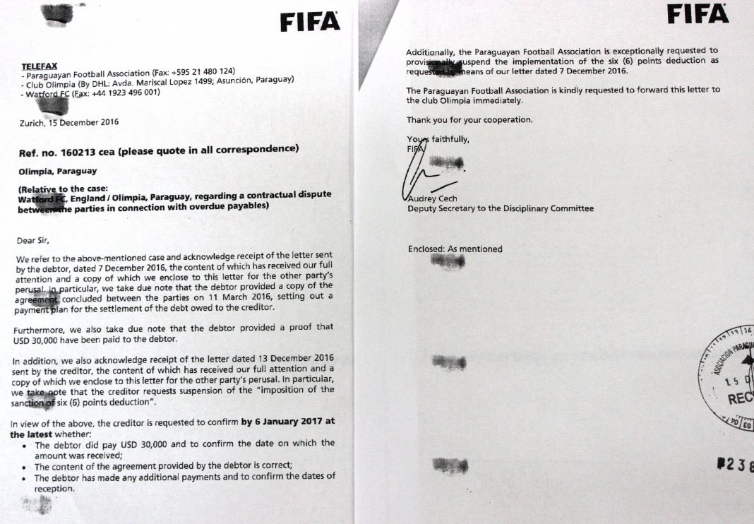 La FIFA suspende provisoriamente deducción de puntos al Olimpia