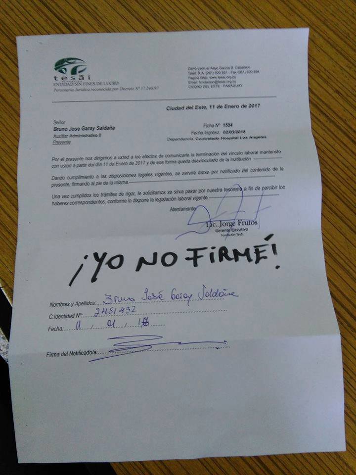 Funcionario de Tesãi despedido por negarse a firmar planilla pro reelección