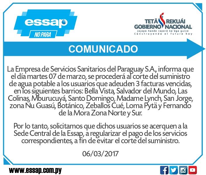 ESSAP anuncia que realizará cortes a usuarios por falta de pago