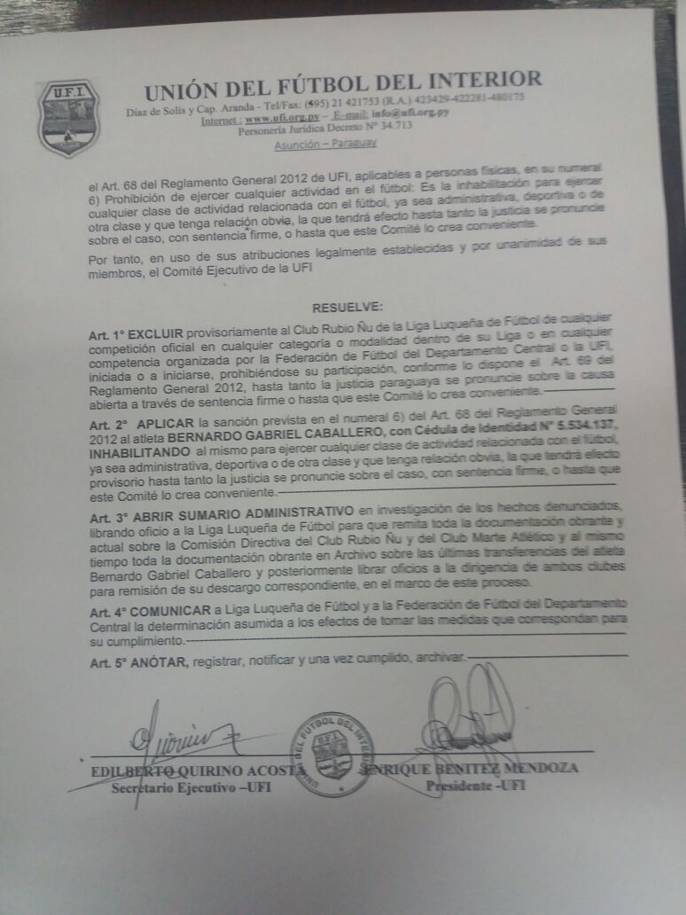 UFI excluye a Rubio Ñu de la Liga Luqueña y suspende a Gabriel Caballero
