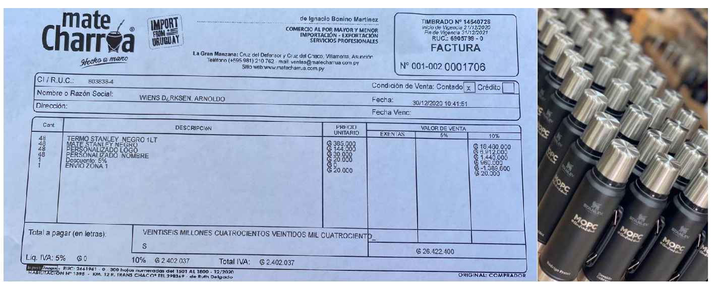 Mate Charrúa asegura que Arnoldo Wiens compró los termos “Stanley” y publica factura