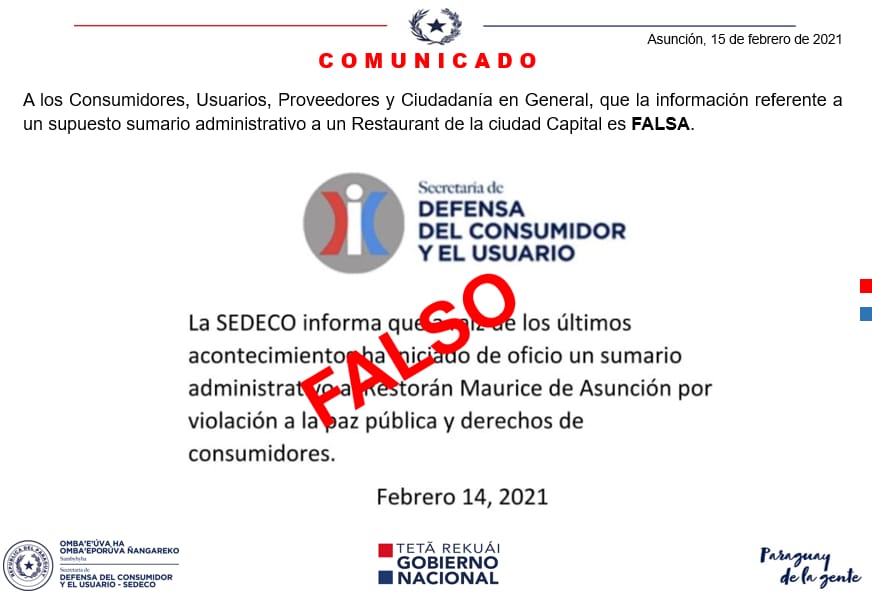 SEDECO desmiente supuesto sumario a local gastronómico donde fue “escrachado” Villamayor