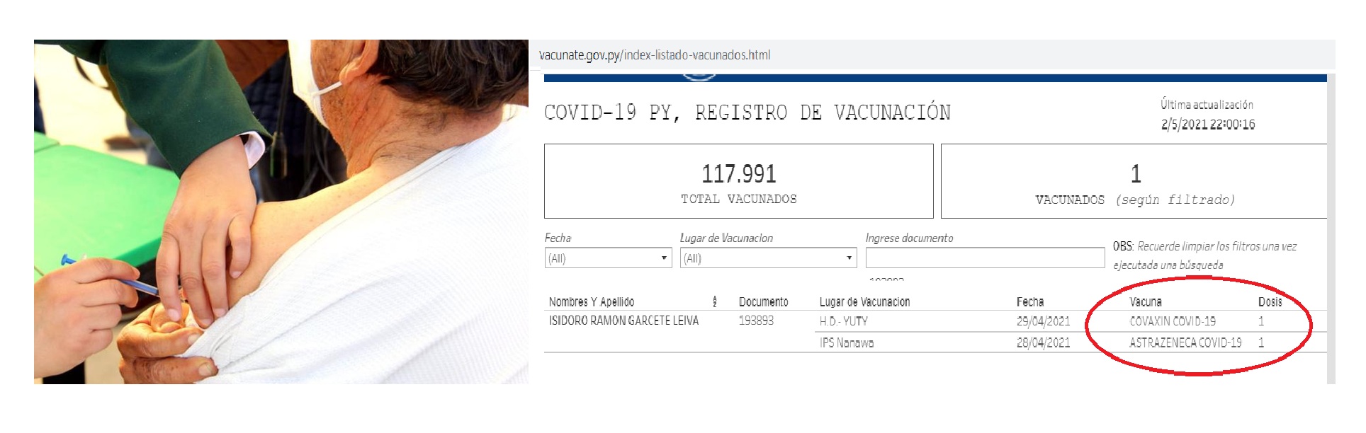 Otra del “Vacunate”: Recibió solo primera dosis, pero en registro de Salud figura con doble vacuna