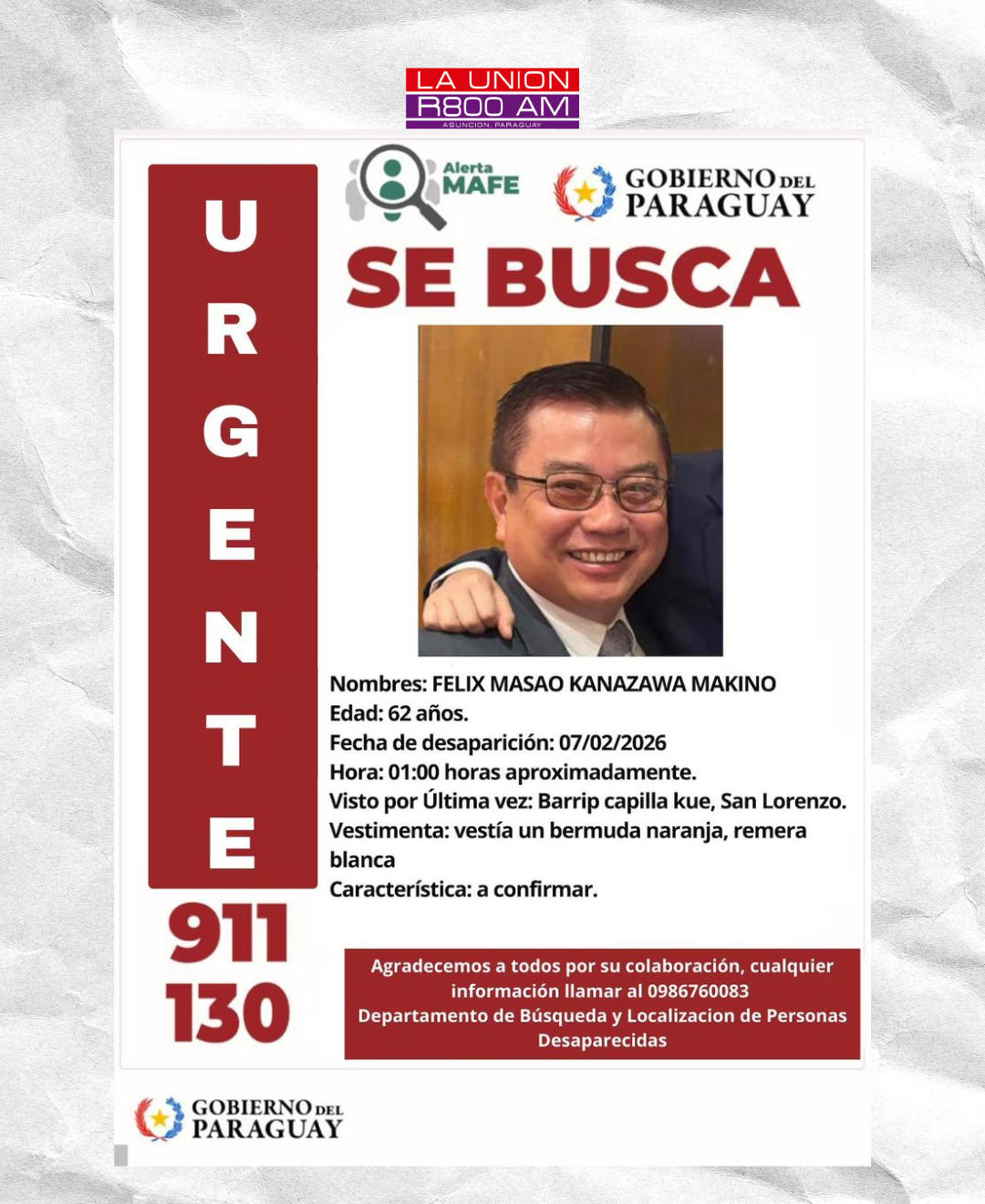 Activan protocolo de búsqueda para hallar al ex titular de la DINAC, Félix Kanazawa